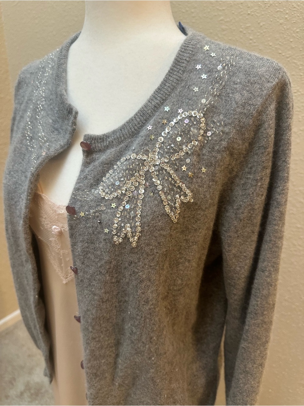 Lambswool & Angora Beaded Embellished Cardigan Sweater Gray Bow Coquette Size M